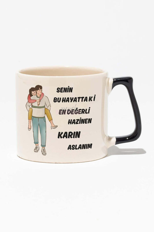 En Değerli Hazinen Benim-Karı-Koca Eğlenceli Hediyelik Baskılı Siyah Kulplu Modern Seramik Kupa