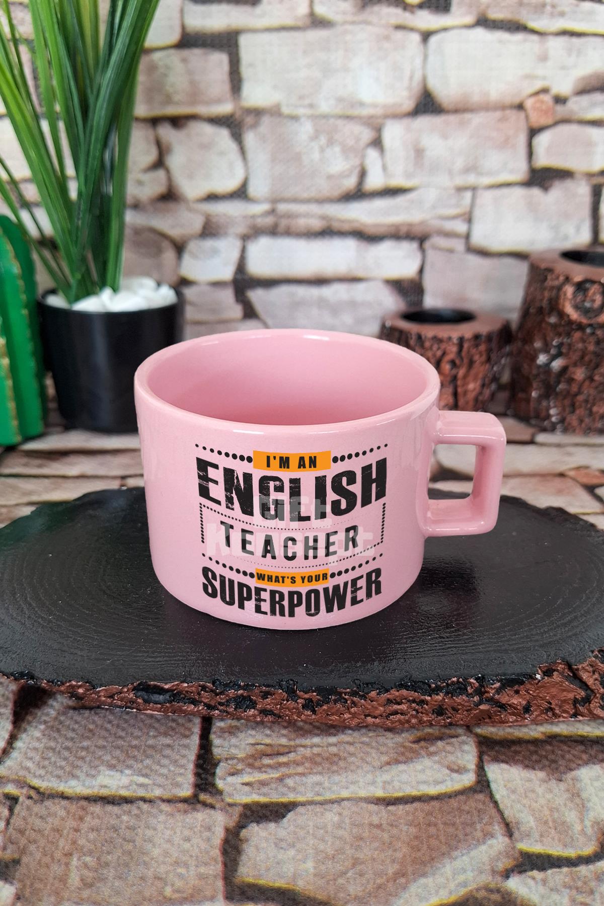English Teacher Superpower Baskılı İngilizce Öğretmeni Kare Kulplu Fincan Mavi Kupa Bardak