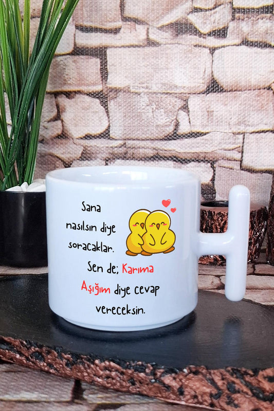 Eş, Sevgili, Çift, Karı Koca Eğlenceli Hediyelik T Kulplu Latte Fincanı Kupa Bardak