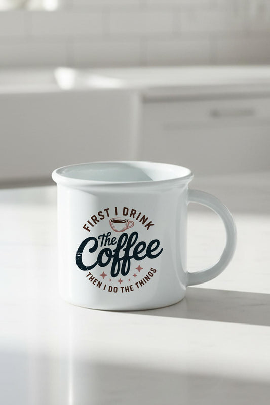 First I DrInk The Coffee Baskılı Enamel Görünümlü Seramik Vintage Kupa Bardak