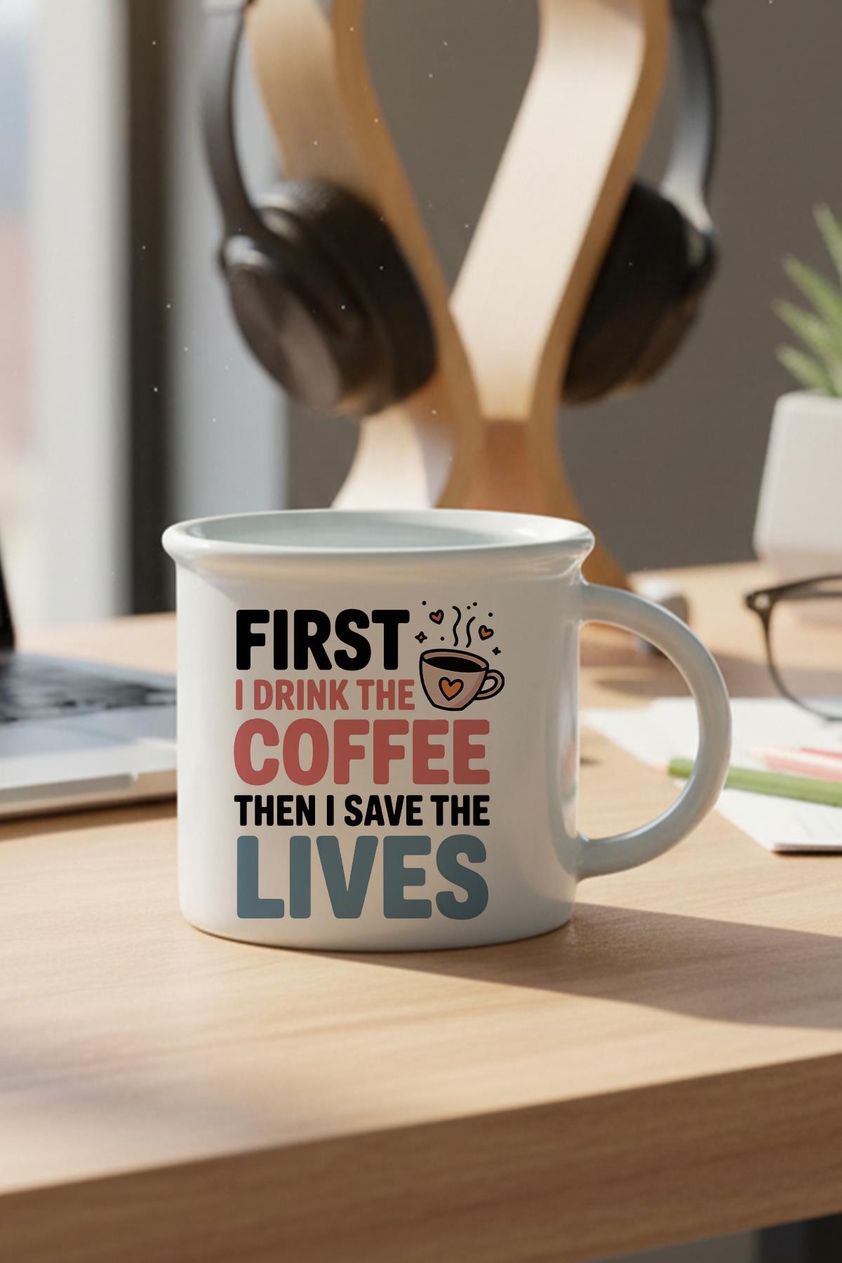 First I Drink The Coffee Baskılı Enamel Görünümlü Seramik Vintage Kupa Bardak