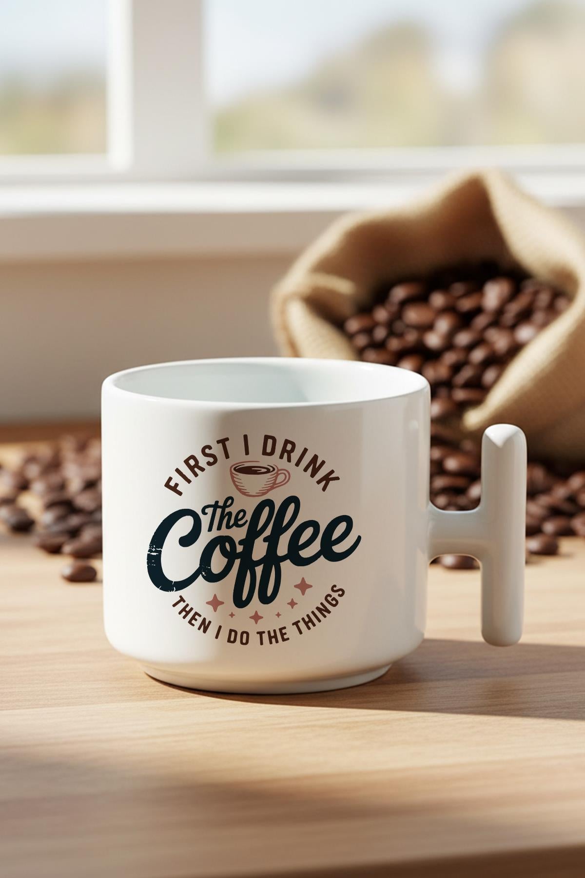 First I DrInk The Coffee Baskılı Hediyelik T Kulplu Latte Fincanı Kupa Bardak