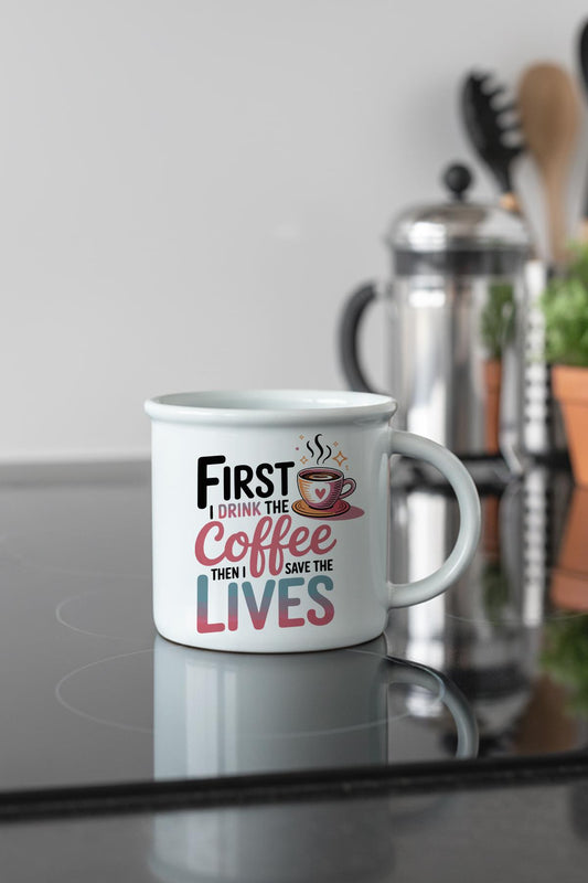 First The Coffee Baskılı Enamel Görünümlü Seramik Vintage Kupa Bardak