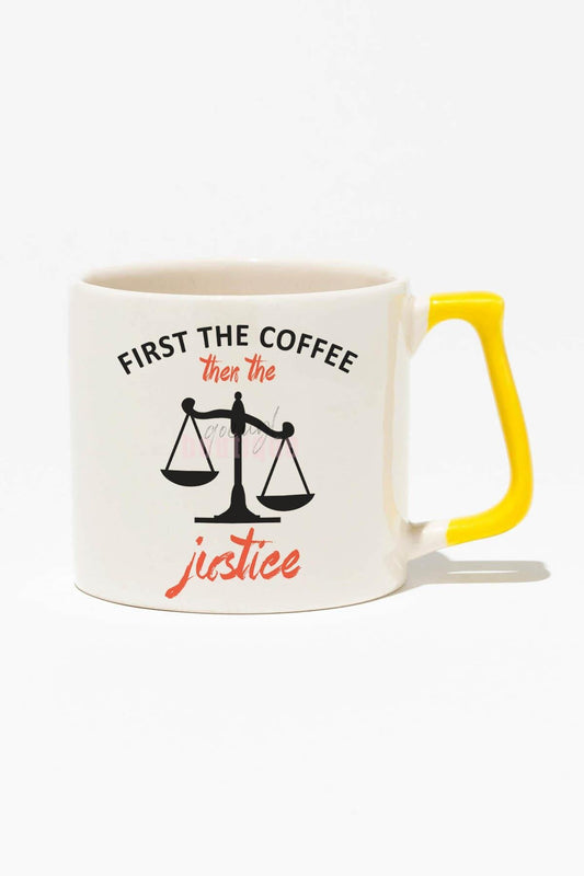 First The Coffee Then The Justice Baskılı | Avukat Hediyelik | Sarı Kulplu Modern Seramik Kupa