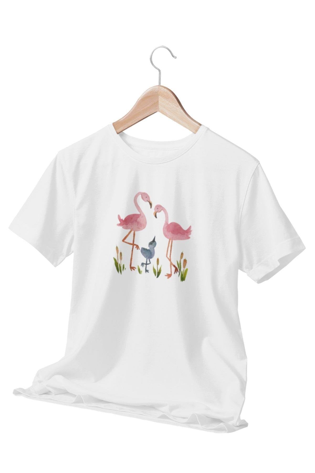 Flamingo Bahçesi Baskılı Beyaz Kadın T-Shirt