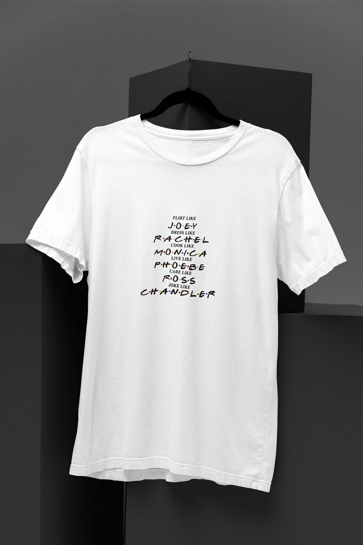Friends Ross Rachel Joey Phoebe Chandler Monica Baskılı Hediyelik Eğlenceli Beyaz Unisex T-Shirt