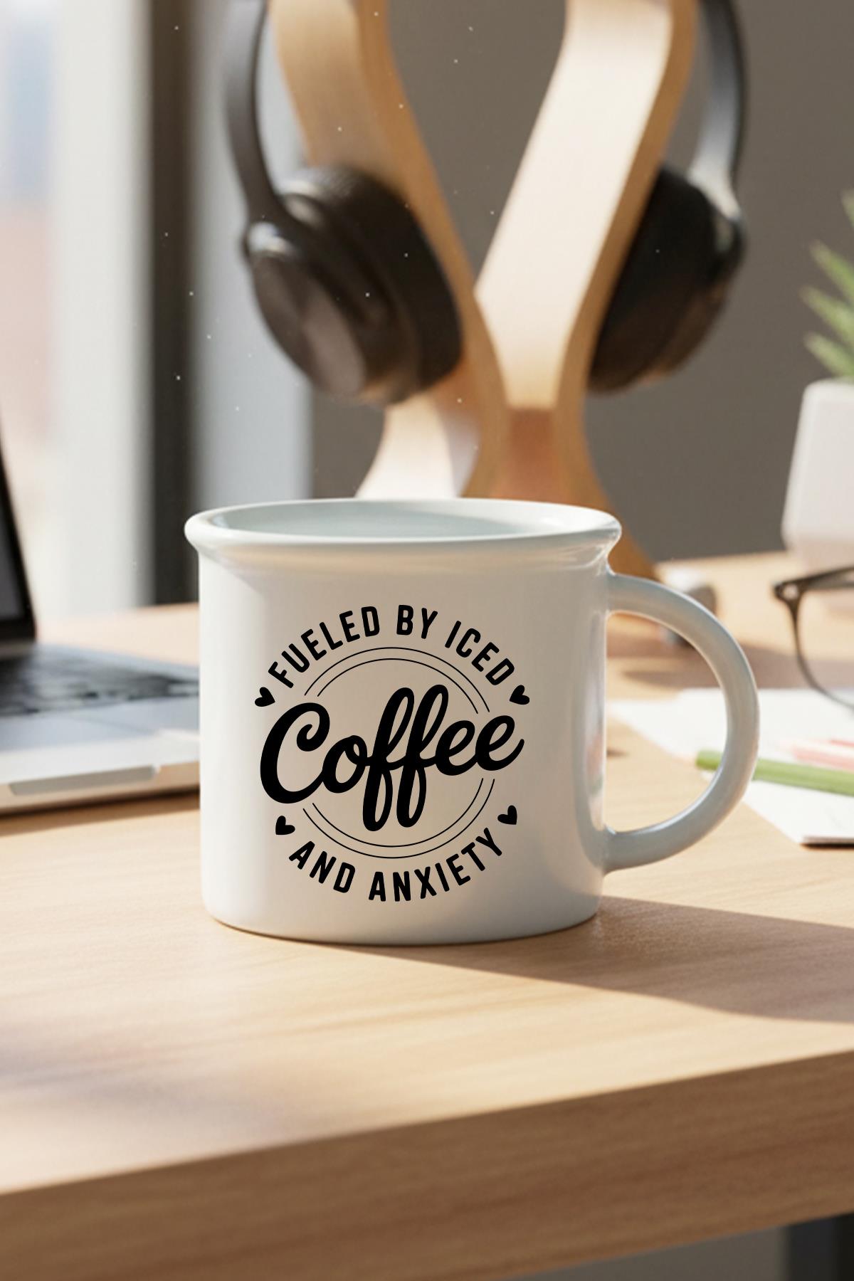 Fueled By Coffee Baskılı Enamel Görünümlü Seramik Vintage Kupa Bardak