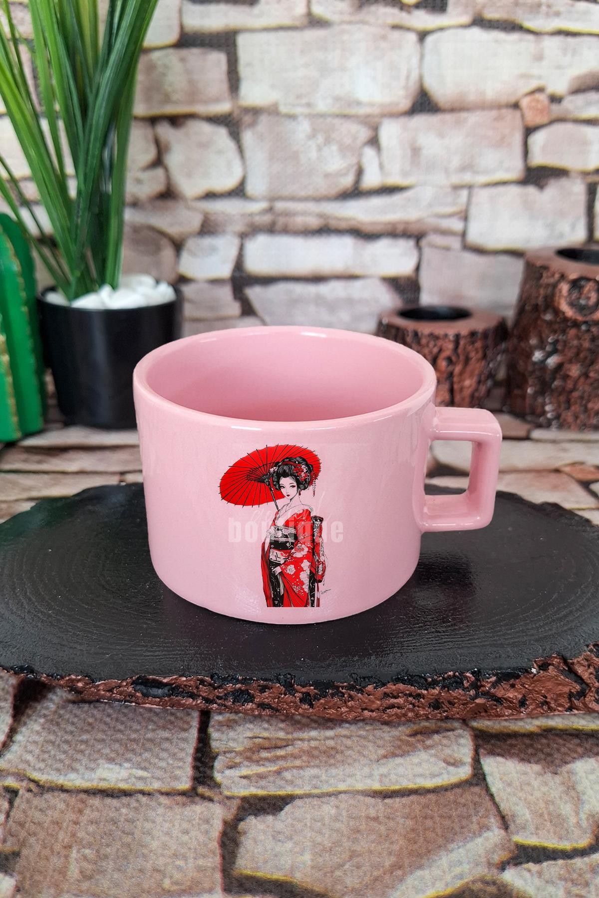 Geleneksel Japon Kız Kimono 1 Baskılı Anime Manga Kare Kulplu Fincan Mavi Kupa Bardak