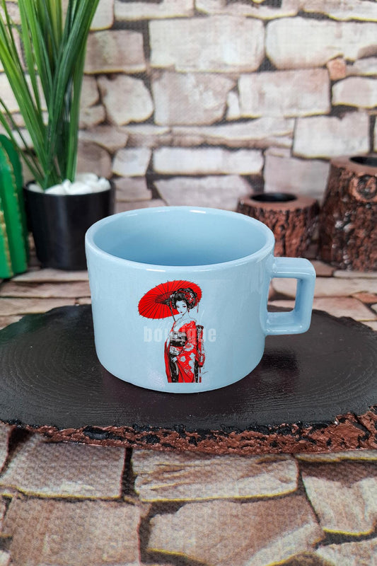Geleneksel Japon Kız Kimono 1 Baskılı Anime Manga Kare Kulplu Fincan Mavi Kupa Bardak