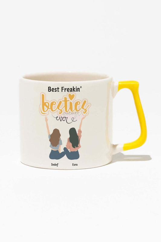 Gelmiş Geçmiş En İyi Arkadaş Kişiselleştirilebilir Baskılı Sarı Kulplu Modern Seramik Kupa