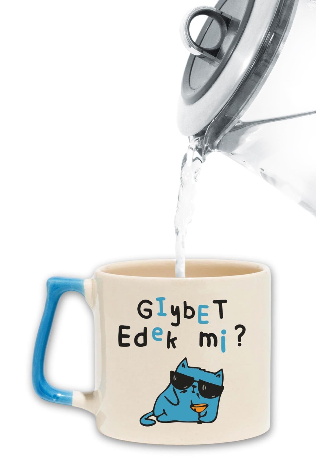 Gıybet Edek Mı-Kedi Baskılı Eğlenceli Hediyelik Renkli Kulplu Modern Seramik Kupa