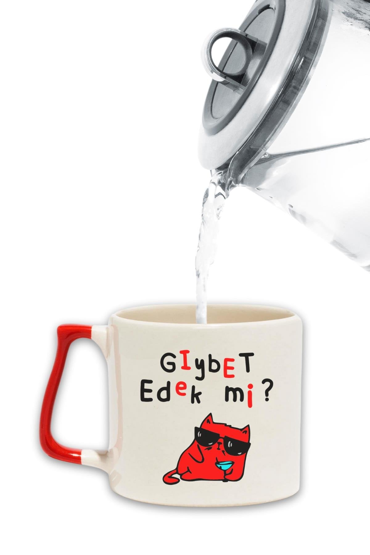 Gıybet Edek Mı-Kedi Baskılı Eğlenceli Hediyelik Renkli Kulplu Modern Seramik Kupa