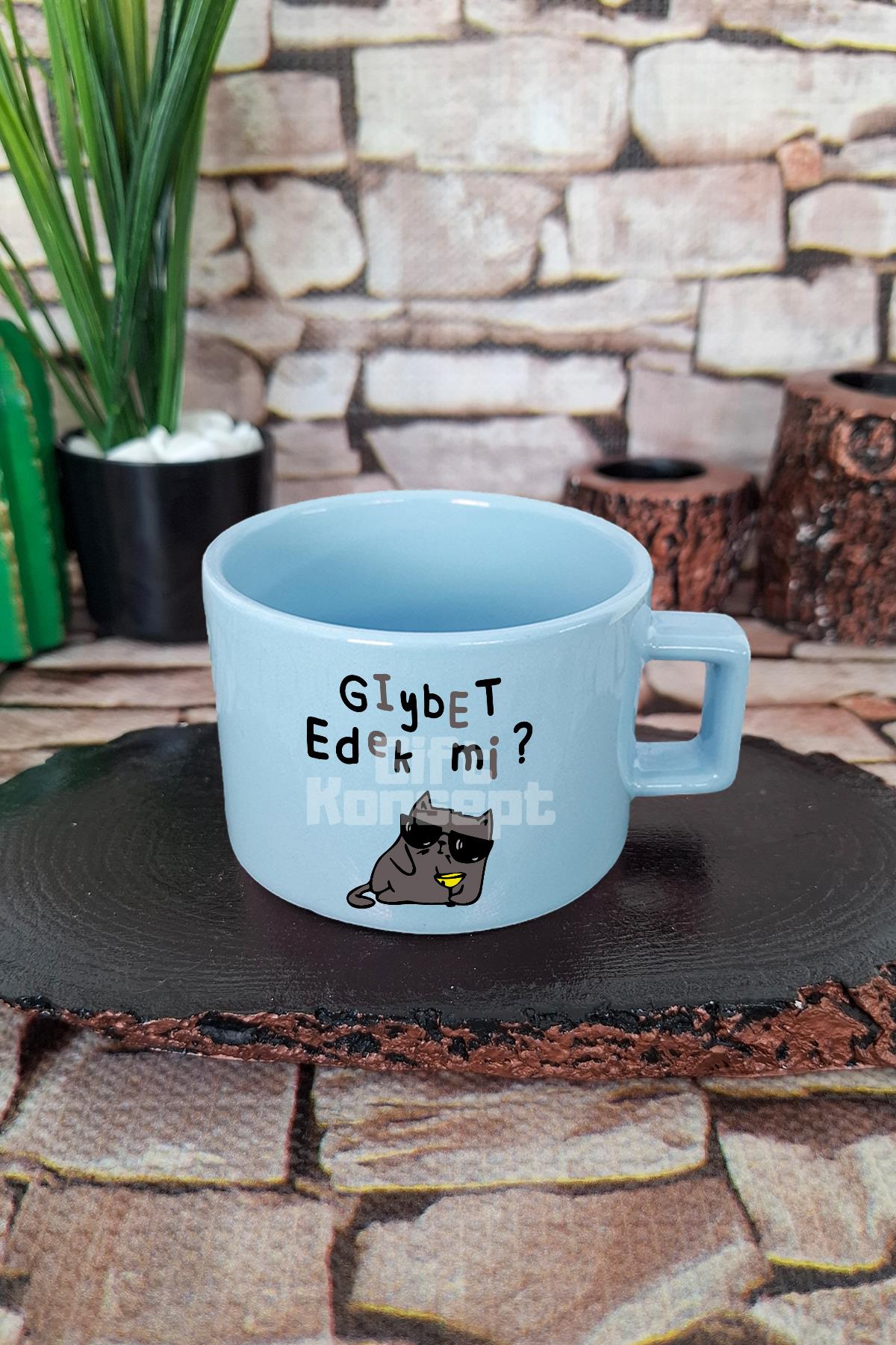 Gıybet Edek Mi Komik Eğlenceli Kare Kulplu Fincan Mavi Kupa Bardak