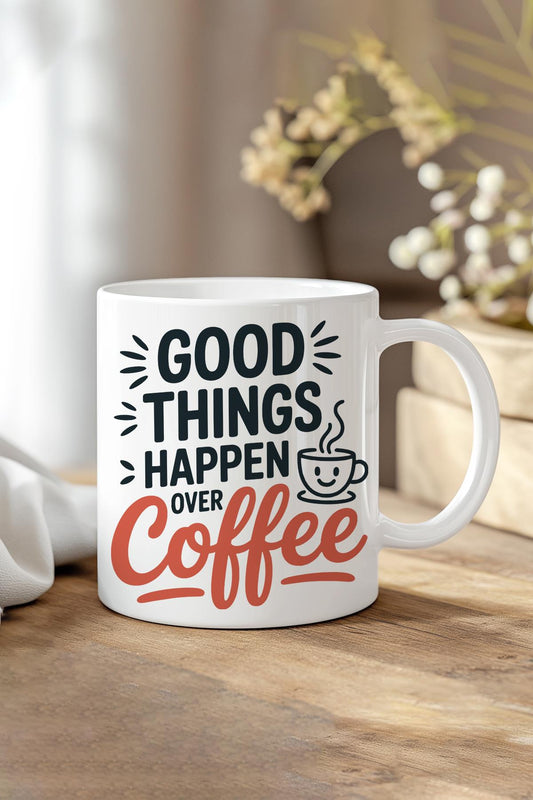 Good ThIngs Happen Over Coffee Baskılı Hediyelik Kupa Bardak