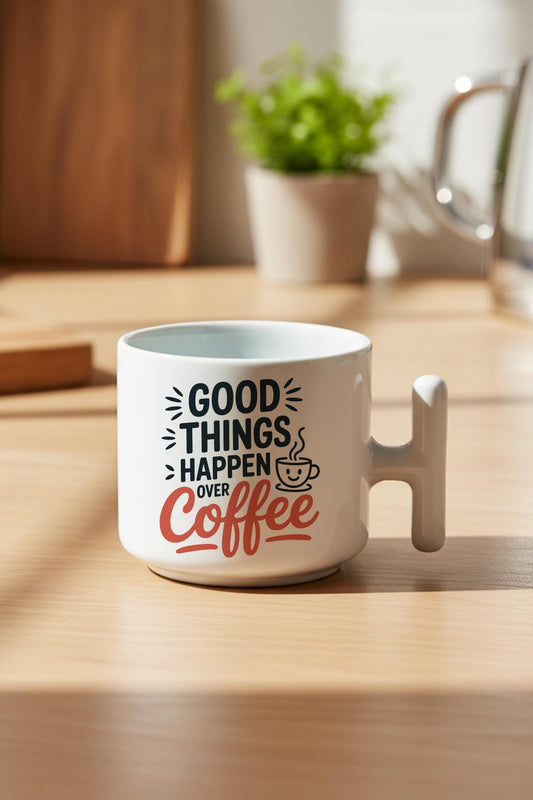 Good ThIngs Happen Over Coffee Baskılı Hediyelik T Kulplu Latte Fincanı Kupa Bardak