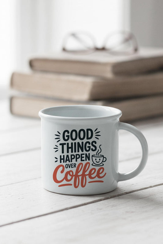 Good ThIngs Happen Over Coffee Baskılı Enamel Görünümlü Seramik Vintage Kupa Bardak