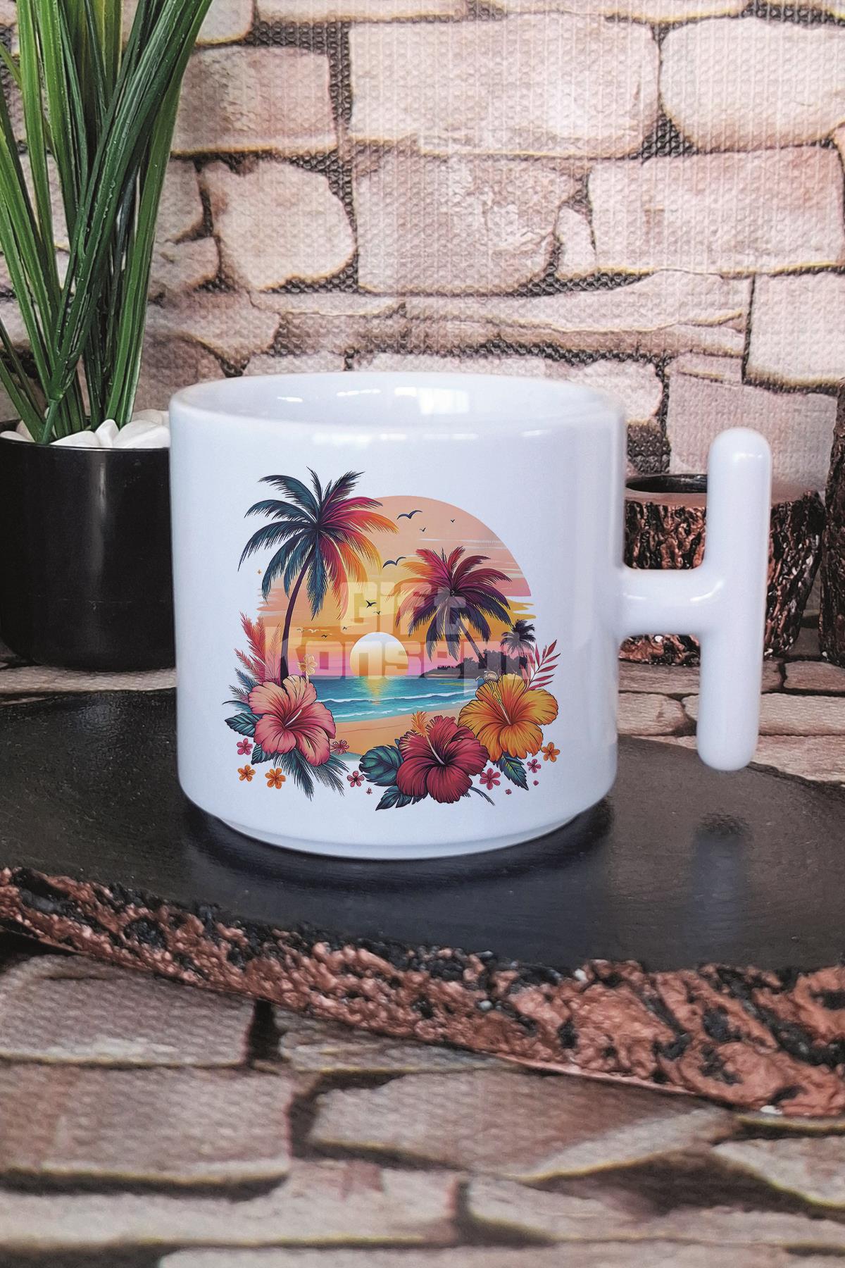 Gün Batımı Baskılı T Kulplu Latte Fincanı Kupa Bardak