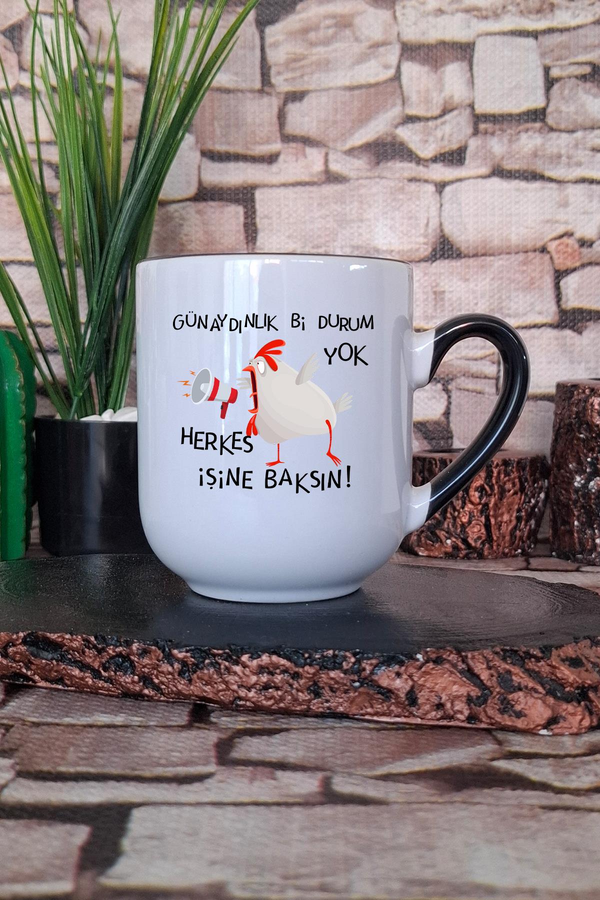 Günaydınlık Bi Durum Yok Baskılı Komik Hediyelik İçi ve Kulpu Siyah Renkli Premium Kupa Bardak