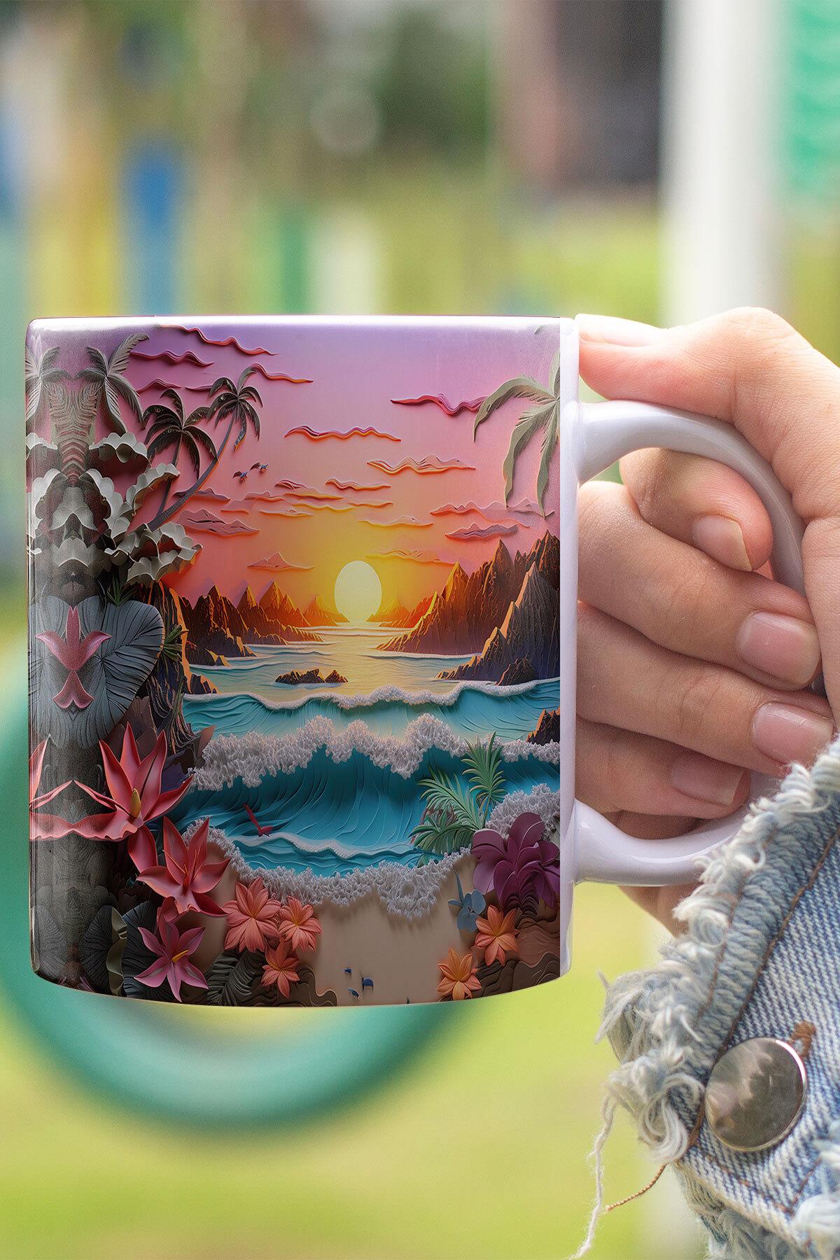 Günbatımı Sahil Manzaralı 3D Tasarım Görünümlü Baskılı Kupa Bardak Mug