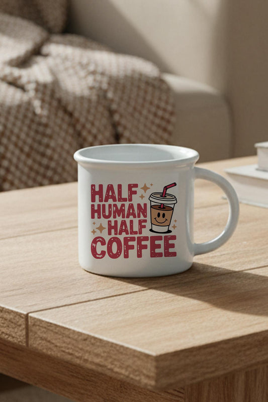 Half Human Half Coffee Baskılı Enamel Görünümlü Seramik Vintage Kupa Bardak