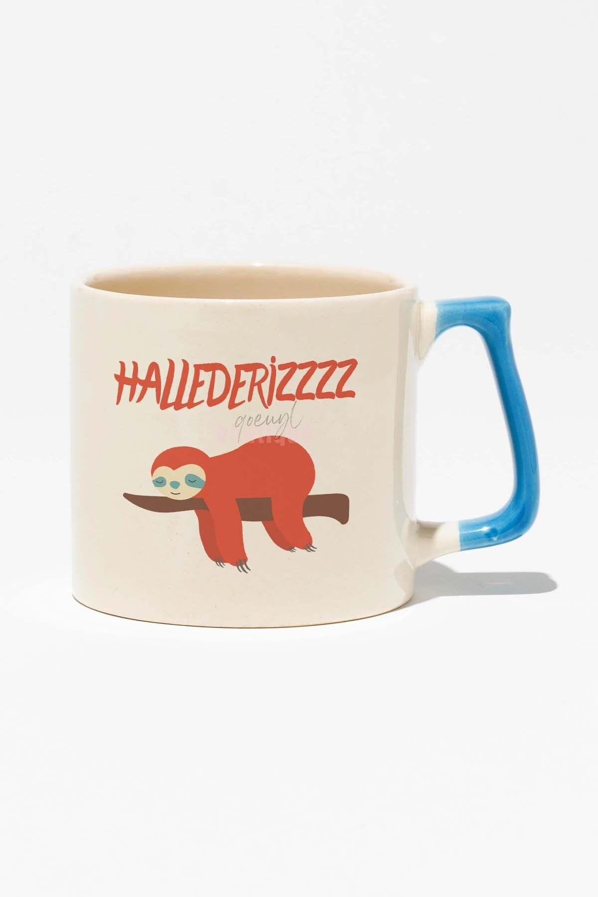 Hallederiz Koala Hediyelik Eğlenceli Baskılı Mavi Kulplu Modern Seramik Kupa