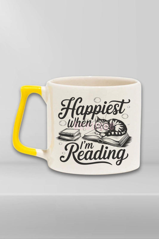 Happiest When I Am Reading Yazılı Kitap Sever Mutluluğu Hediyelik Sarı Kulplu Kupa Bardak