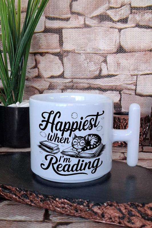 Happiest When I Am Reading Yazılı Kitap Sever Mutluluğu Hediye T Kulplu Latte Fincanı Kupa Bardak