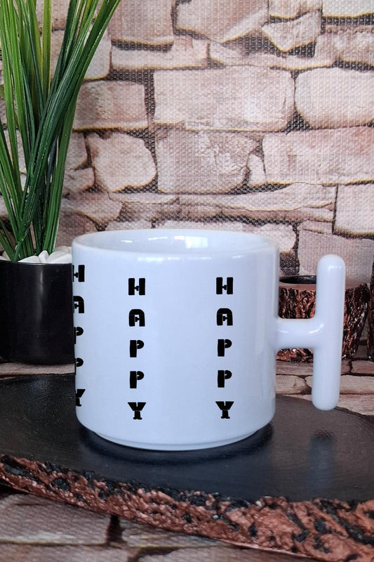 Happy Baskılı T Kulplu Latte Fincanı Kupa Bardak