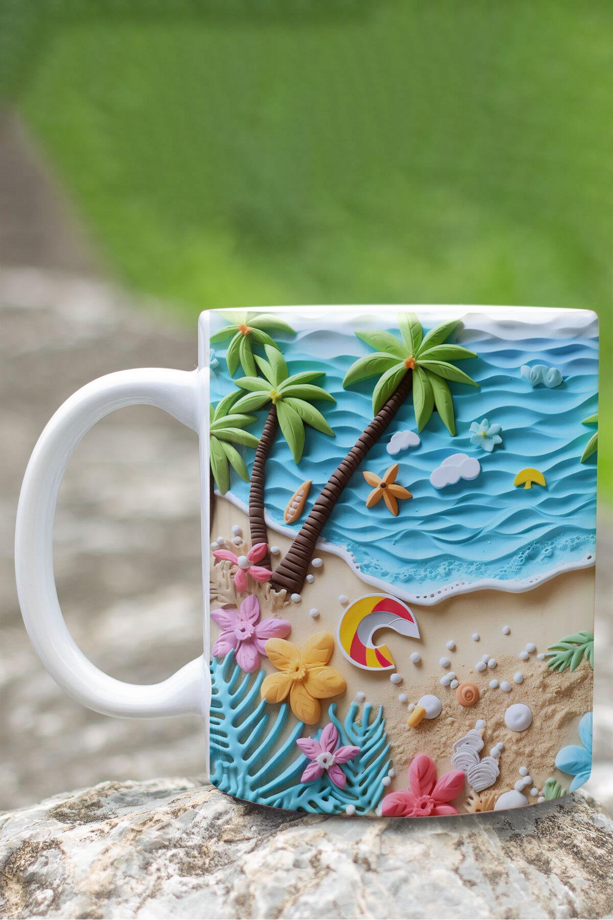 Hawai Temalı 3D Tasarım Görünümlü Baskılı Kupa Bardak Mug