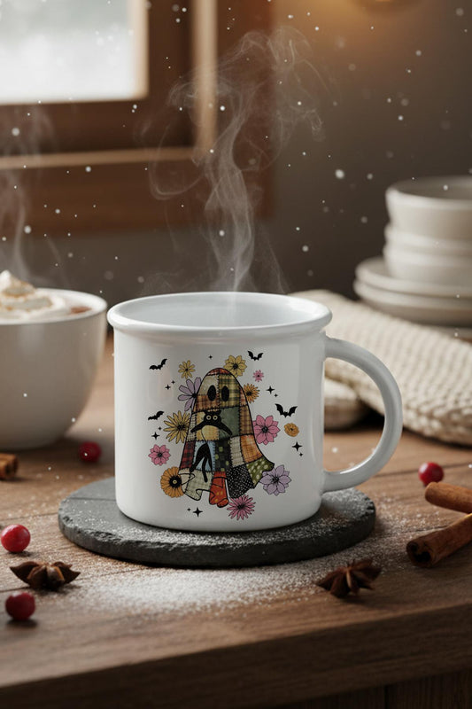 Hayalet Ve Sevimli Kedi Baskılı Enamel Görünümlü Seramik Vintage Kupa Bardak