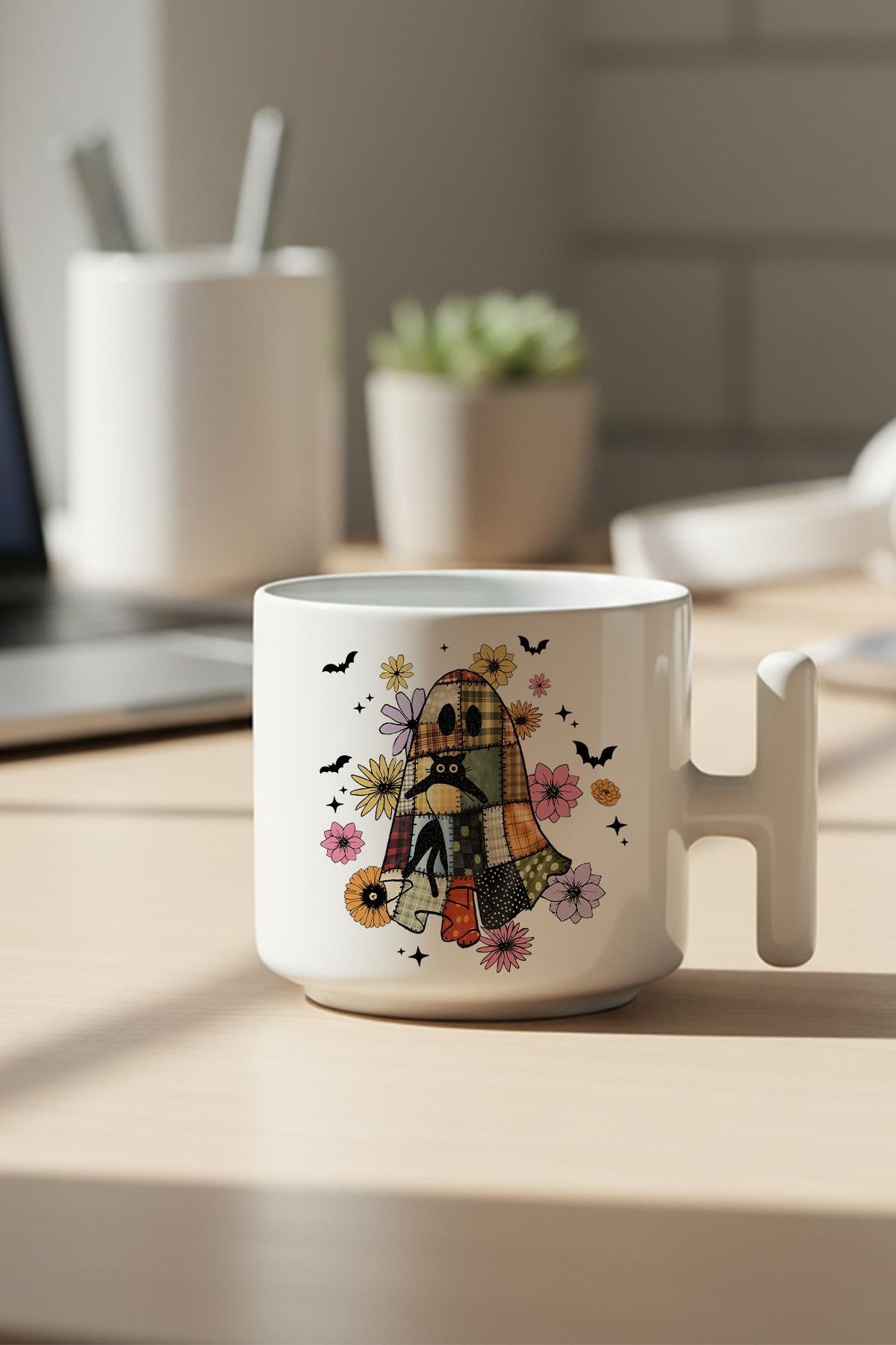 Hayalet Ve Sevimli Kedi Baskılı Hediyelik T Kulplu Latte Fincanı Kupa Bardak