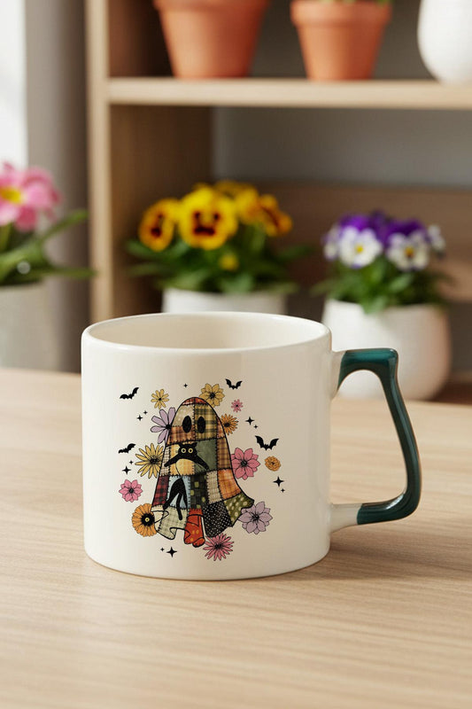 Hayalet Ve Sevimli Kedi Baskılı Yeşil D Kulplu Kupa Bardak