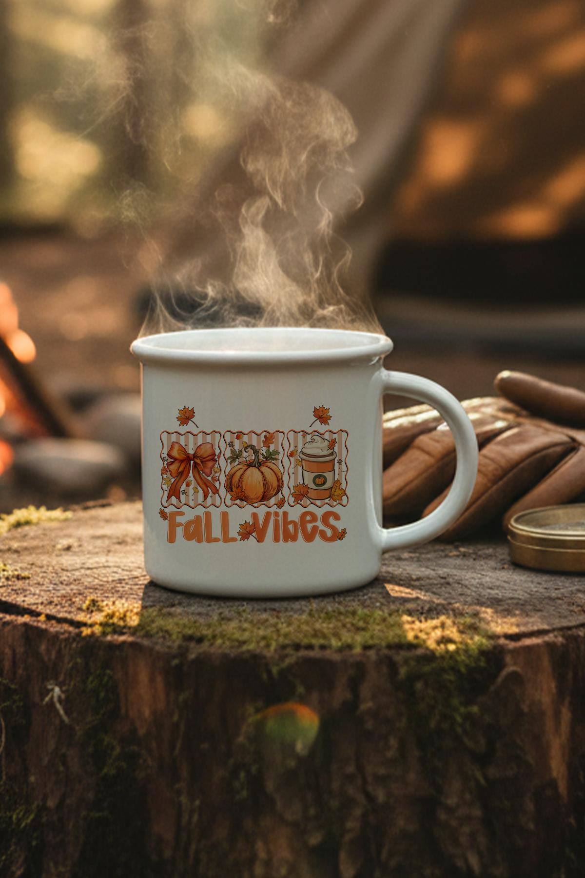 Hello Fall Vibes Baskılı Enamel Görünümlü Seramik Vintage Kupa Bardak