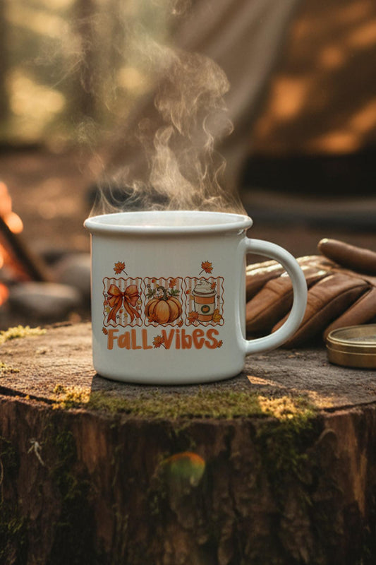 Hello Fall Vibes Baskılı Enamel Görünümlü Seramik Vintage Kupa Bardak
