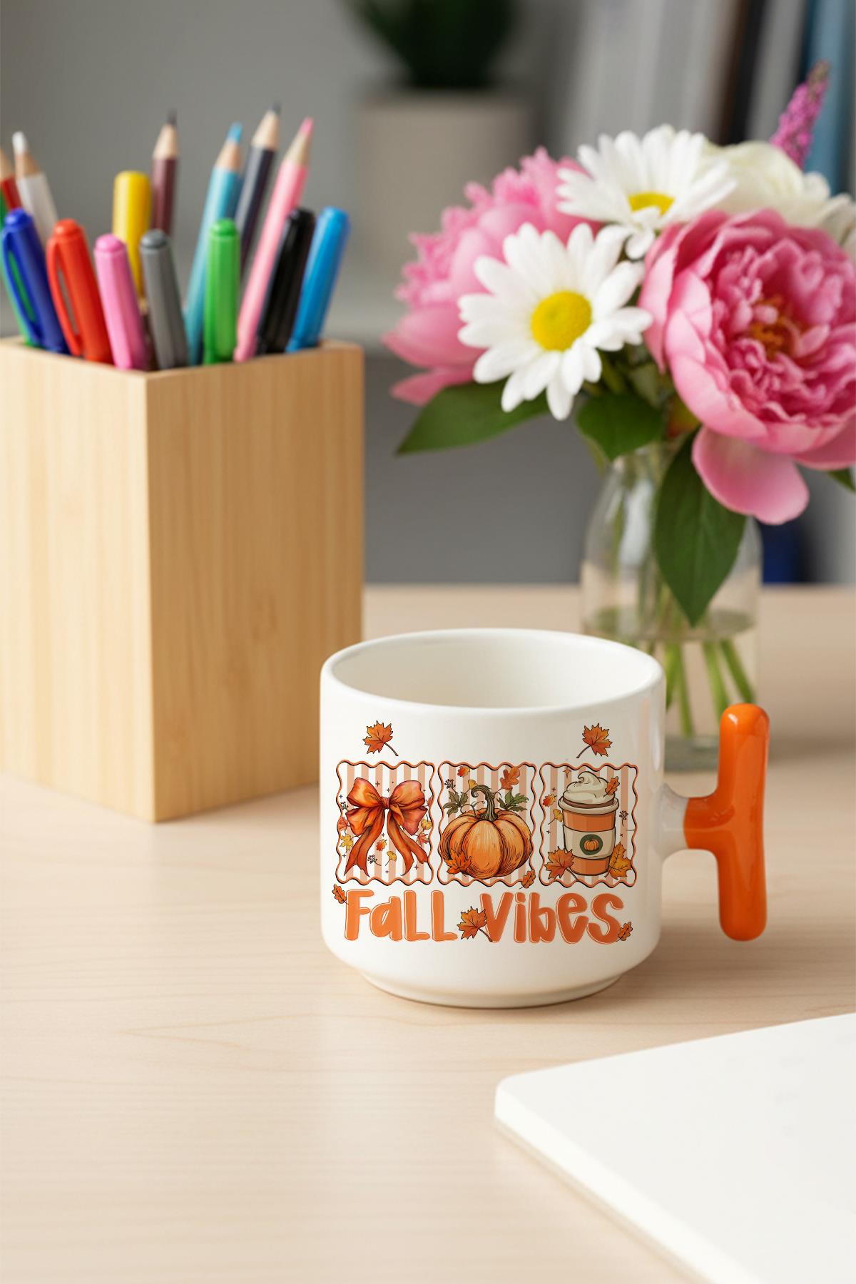 Hello Fall Vibes Baskılı Hediyelik T Kulplu Latte Fincanı Kupa Bardak