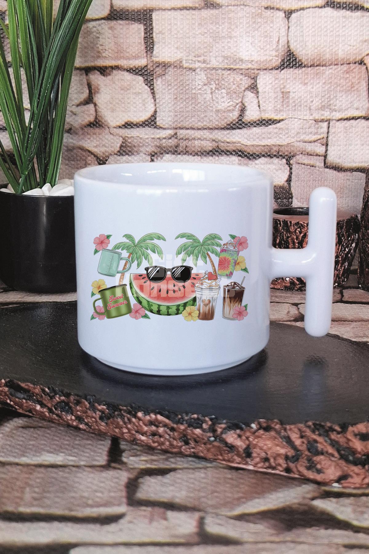 Hello Summer Baskılı T Kulplu Latte Fincanı Kupa Bardak