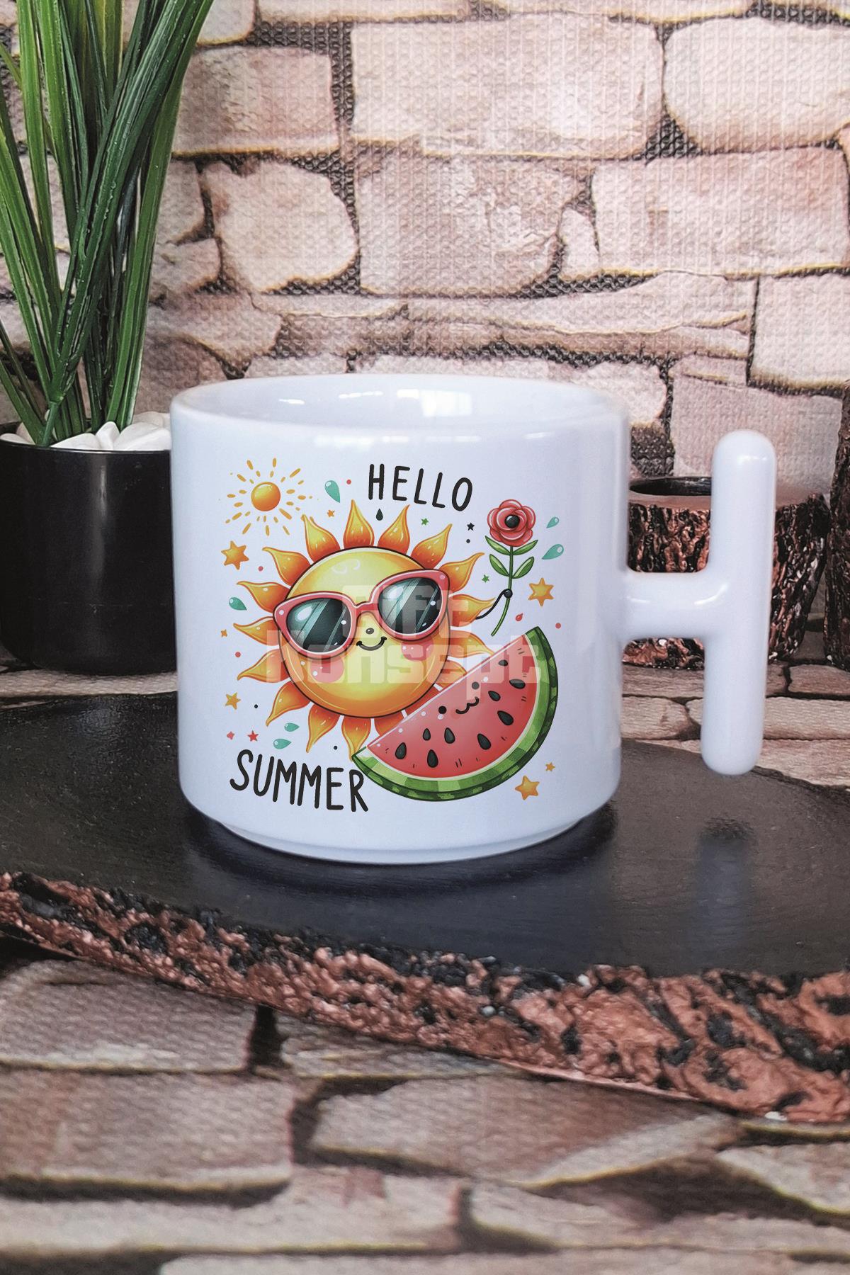 Hello Summer Baskılı T Kulplu Latte Fincanı Kupa Bardak