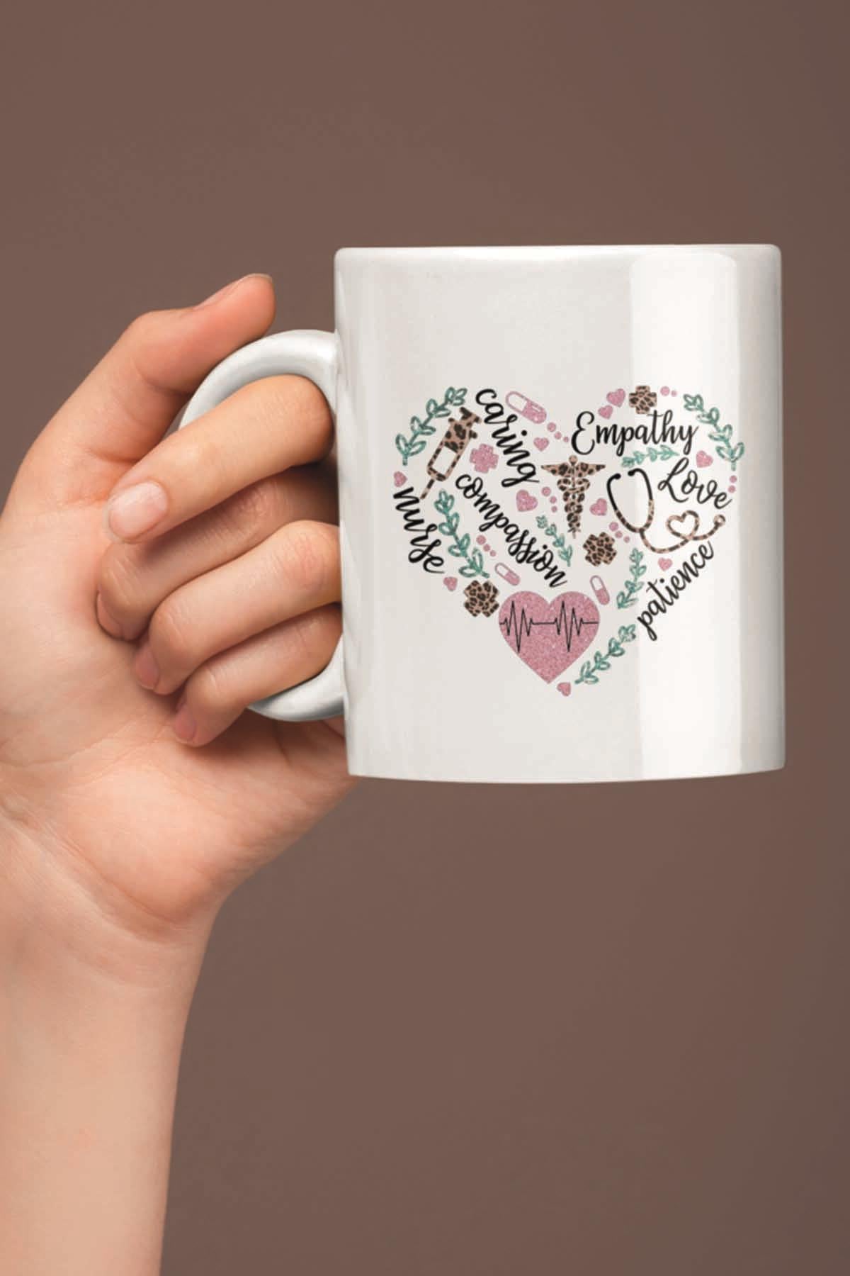 Hemşire Kalp Desenli Hediyelik Baskılı Kupa Bardak