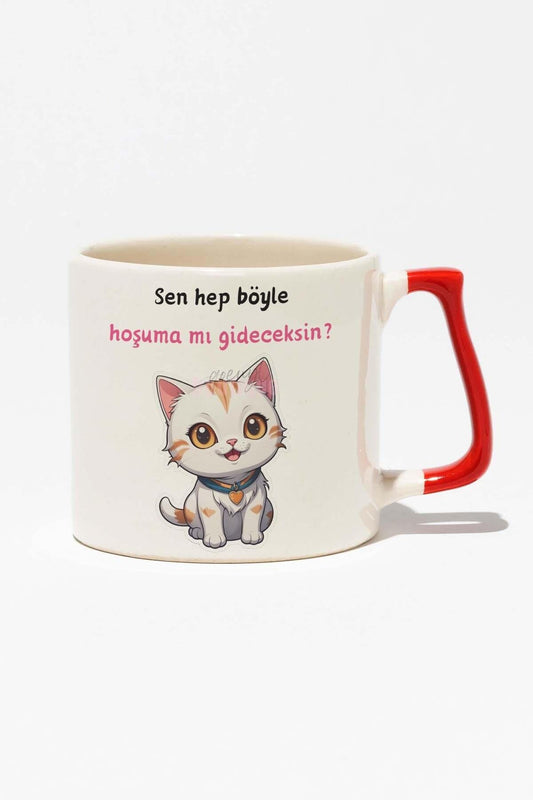 Hep Hoşuma Gideceksin Eş Sevgili Hediyelik Romantik Baskılı Kırmızı Kulplu Modern Seramik Kupa