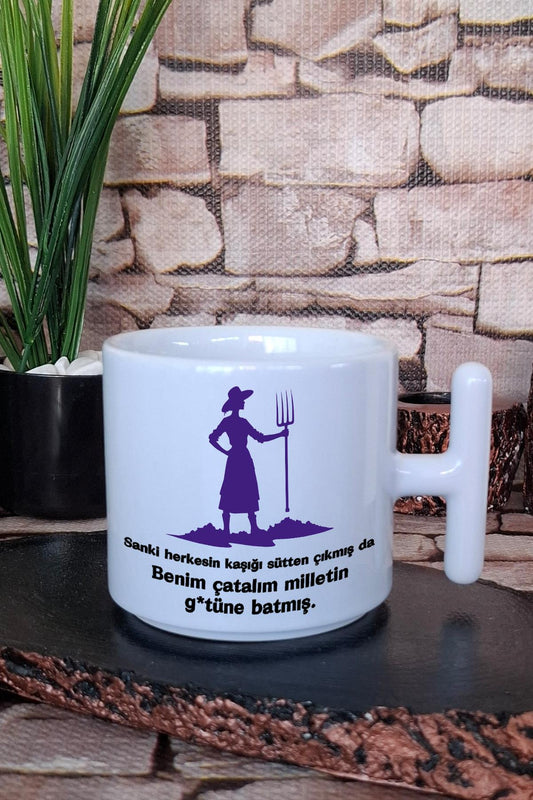 Herkesin Kaşığı Sütten Çıkmış Baskılı Eğlenceli Hediye T Kulplu Latte Fincanı Kupa Bardak