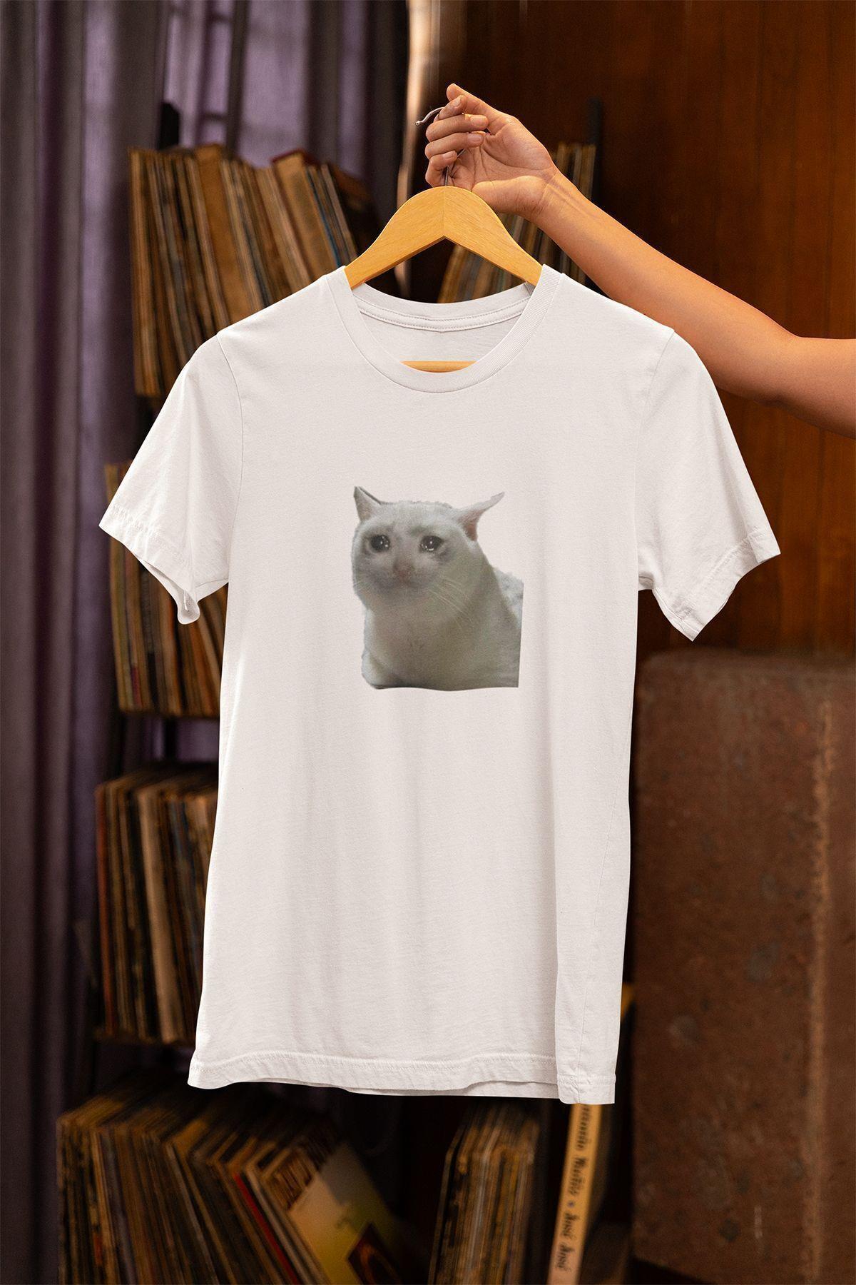 Hermanos Ağlayan Kedi Meme Baskılı Eğlenceli Hediyelik Beyaz Unisex T-Shirt