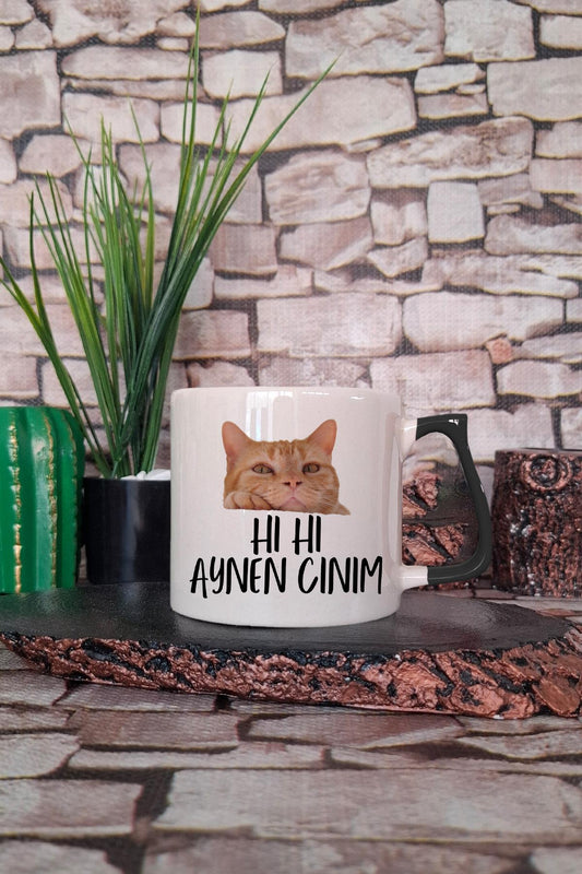Hı Hı Aynen Cınım-Kedi Baskılı Eğlenceli Hediyelik Renkli Kulplu Fincan-Kupa Bardak