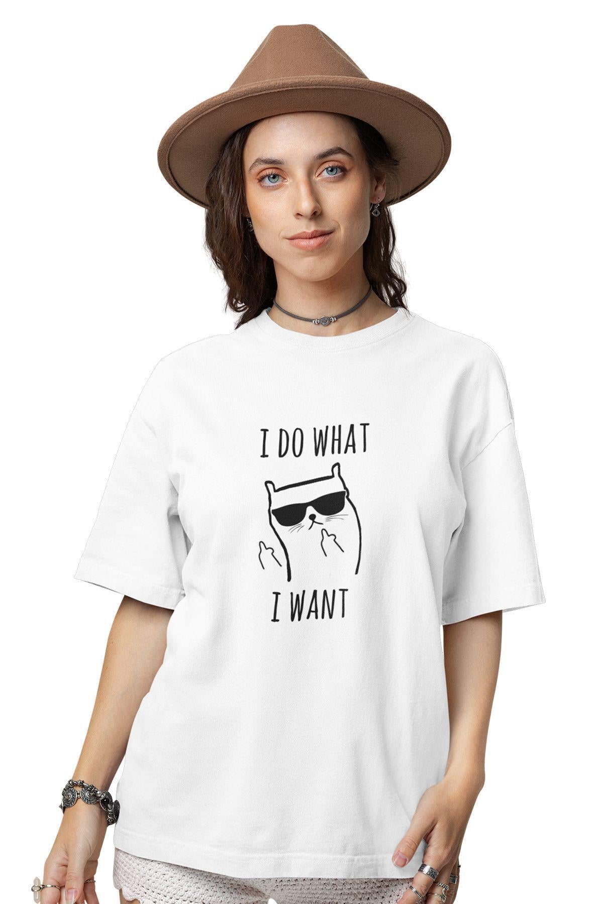 I Do What I Want Havalı Kedi Baskılı Hediyelik Eğlenceli Beyaz Unisex T-Shirt