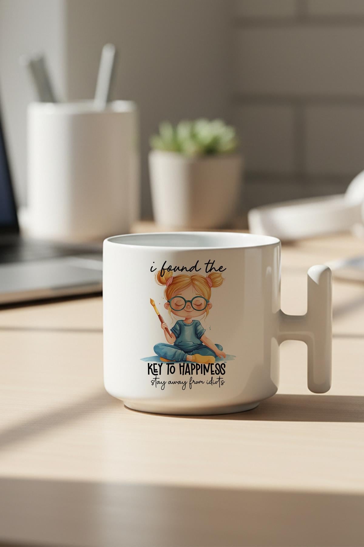 I Found The Key To Happiness Baskılı Hediyelik T Kulplu Latte Fincanı Kupa Bardak