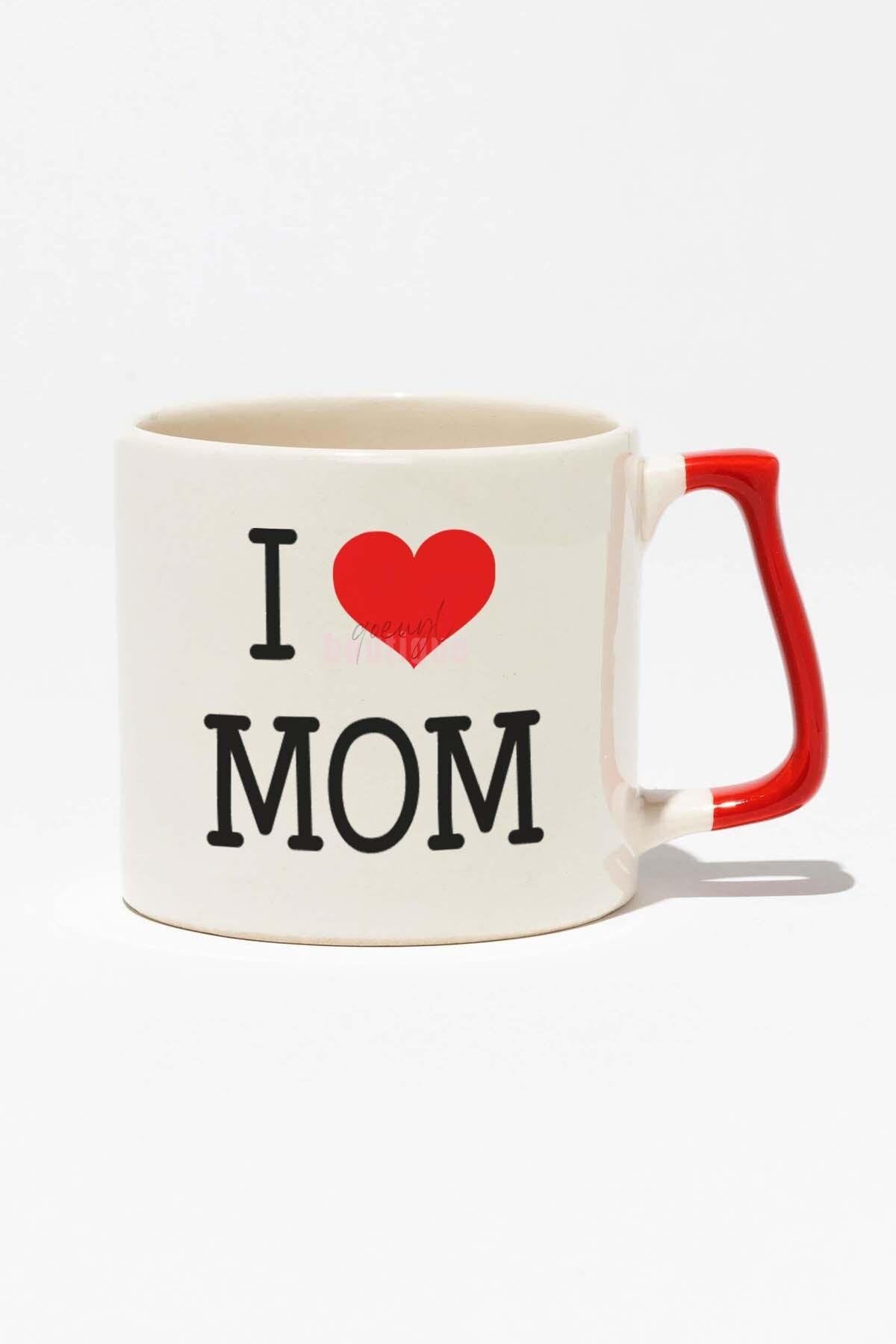 I Love Mom Anneler Günü Doğum Günü Anne Hediye Baskılı Kırmızı Kulplu Modern Seramik Kupa