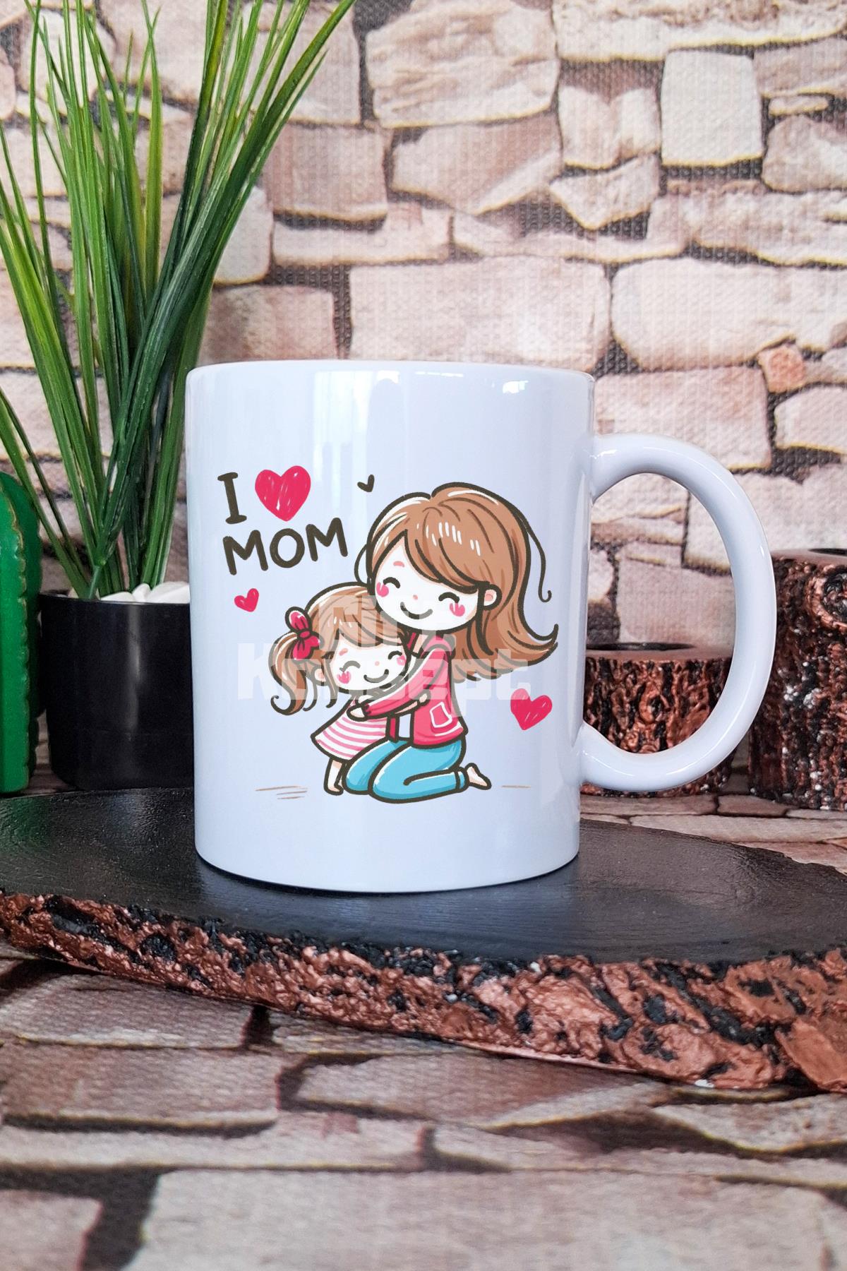 I Love Mom Sade Anne Sevgisi Anneler Günü Hediyelik Baskılı Çay Kahve Sunum Kupa Bardak