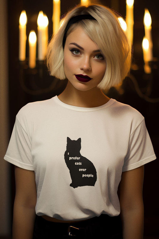 I Prefer Cats Over People Kedi Baskılı Hediyelik Eğlenceli Beyaz Unisex T-Shirt