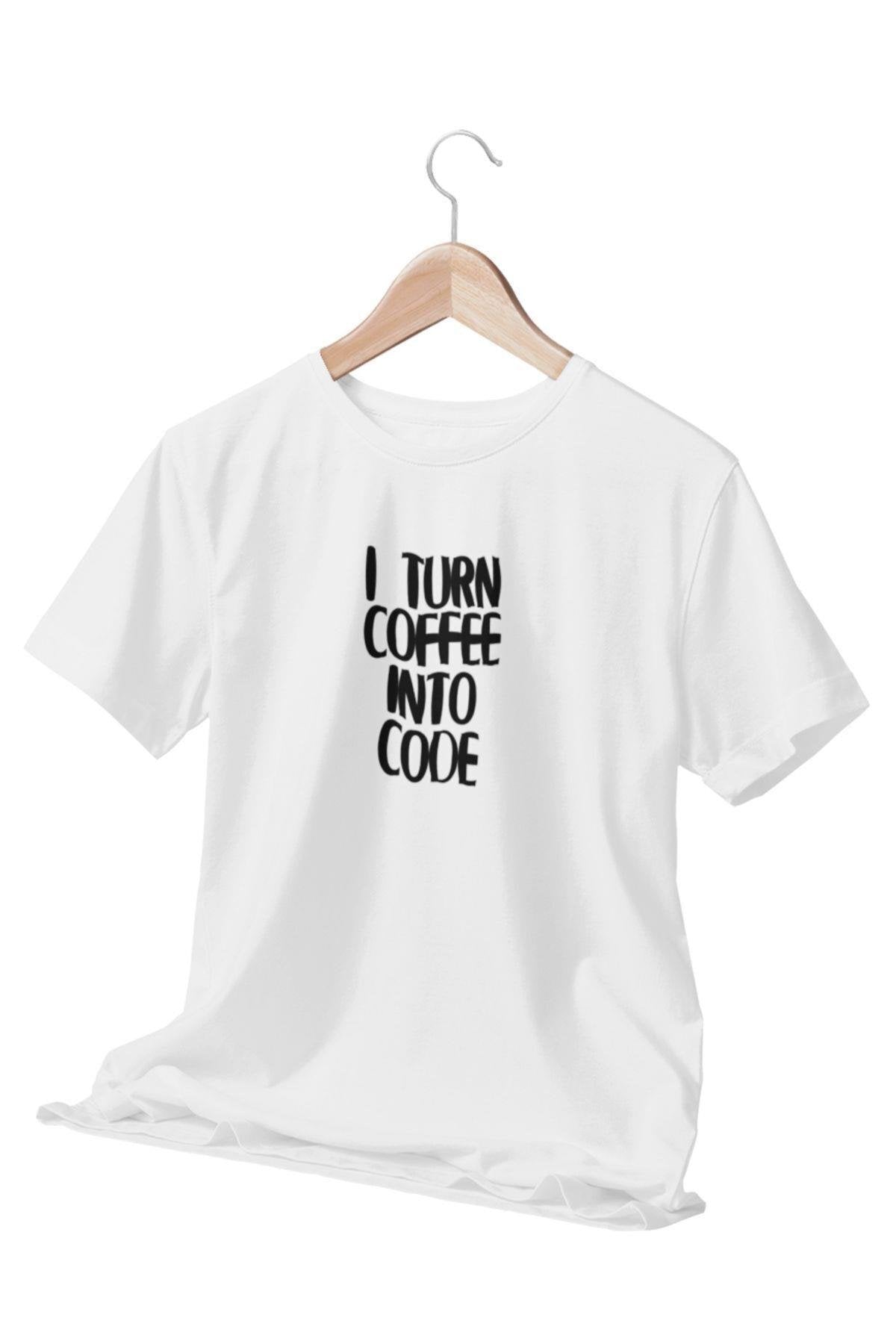 I Turn Coffee Into Code Baskılı Hediyelik Beyaz Unisex T-Shirt