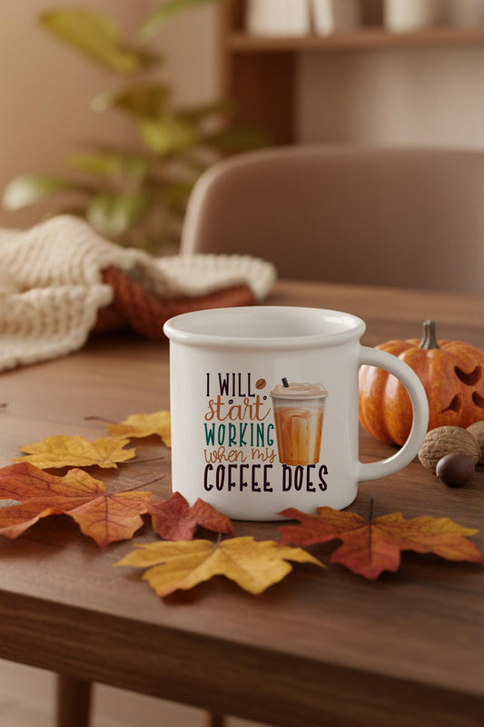 I Will Start Working When My Coffee Does Baskılı Enamel Görünümlü Seramik Vintage Kupa Bardak