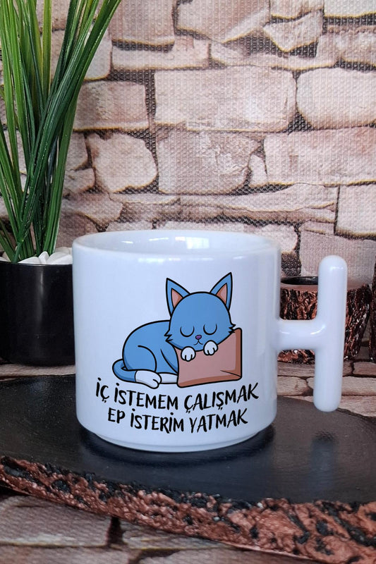 İç İstemem Çalışmak Sevimli Kedi Baskılı Eğlenceli Komik Hediye T Kulplu Latte Fincanı Kupa Bardak